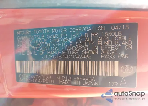 2013 Toyota Prius C Two z USA, uszkodzony, nr VIN JTDKDTB3XD1042486